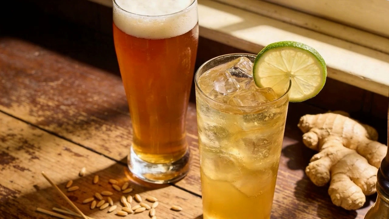 A glass of amber ale and a highball of ginger ale on a pub table in window light